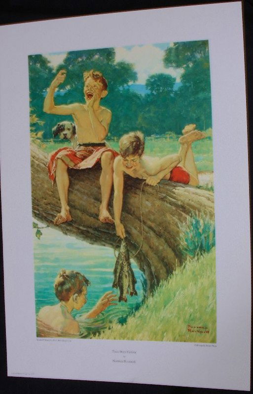 Norman Rockell Three Boys Fishing Print: "Norman Rockell Three Boys Fishing Print - As-Is Condition - Thank you for viewing this lot. We are always adding new inventory and new auctions, so check back often. We appreciate your business and s