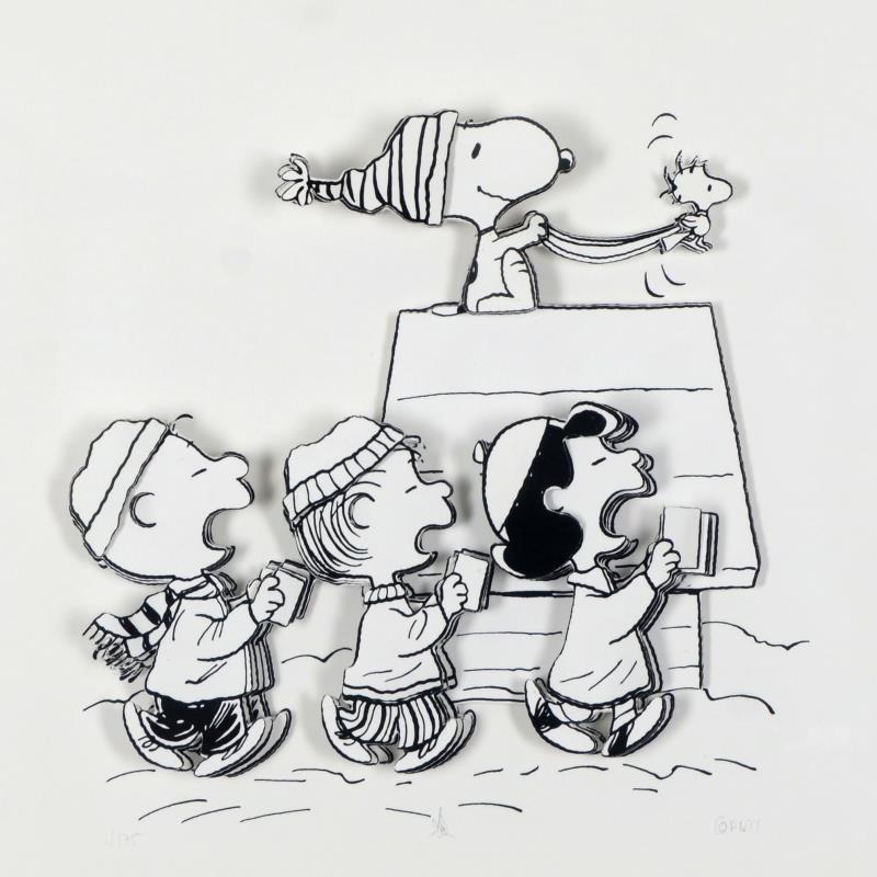 Caroling Crew by Peanuts: Created from the original artwork archived at the studio, "Caroling Crew" portrays the simple yet emotive art of Charles. M. Schulz, creator of PEANUTS. This 3D decoupage print on paper is hand number