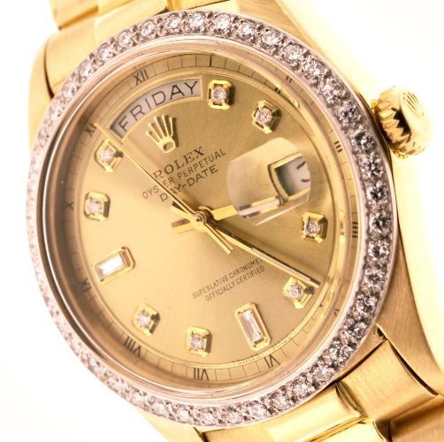 Gents Rolex 18KT Gold DayDate Wristwatch 1.34ct A20: "Gents Rolex 18KT Gold DayDate Wristwatch 1.34ct A2004. Excellent Condition! BR1085RX. One gents, hand crafted & machine milled Rolex DayDate Model The President wristwatch electronically tested 18KT