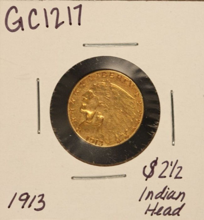1913 $2 1/2 Indian Head Gold Coin GC1217: "1913 $2 1/2 Indian Head Gold Coin GC1217. As-Is Condition! MN791WS. 1913 $2 1/2 Indian Head Gold Coin Thank you for viewing this lot. We are always adding new inventory and new auctions, so check bac