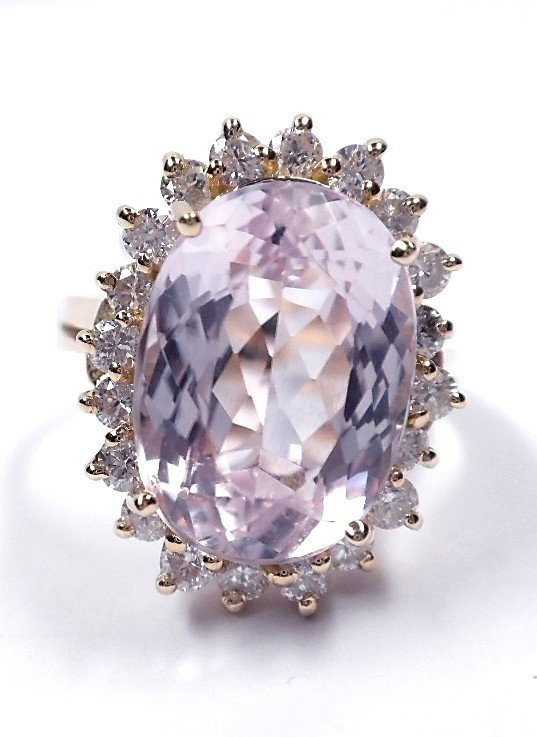 14KT Yellow Gold Kunzite & Diamond Ring A1970: "14KT Yellow Gold Kunzite & Diamond Ring A1970. Excellent Condition! JG555KV. One electronically tested 14KT yellow gold ladies cast kunzite and diamond ring. Good workmanship. The featured kunzite is