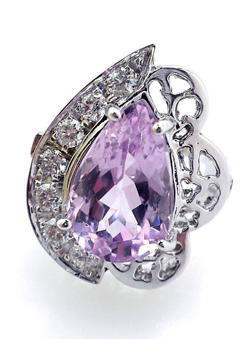 14KT White Gold Kunzite & Diamond Ring A1902: "14KT White Gold Kunzite & Diamond Ring A1902. Excellent Condition! NU544PN. One electronically tested 14KT white gold ladies cast kunzite and diamond ring. Good workmanship. The featured kunzite is s