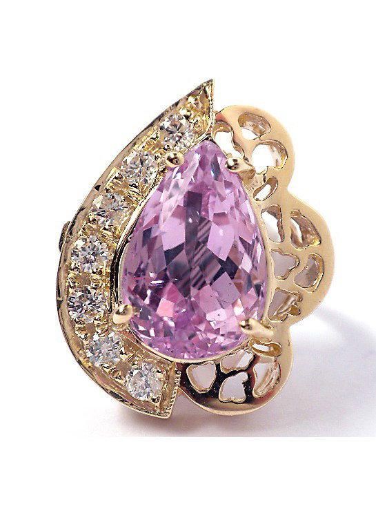 14KT Yellow Gold Kunzite & Diamond Ring A1967: "14KT Yellow Gold Kunzite & Diamond Ring A1967. Excellent Condition! DR943XF. One electronically tested 14KT yellow gold ladies cast kunzite and diamond ring. Good workmanship. The featured kunzite is