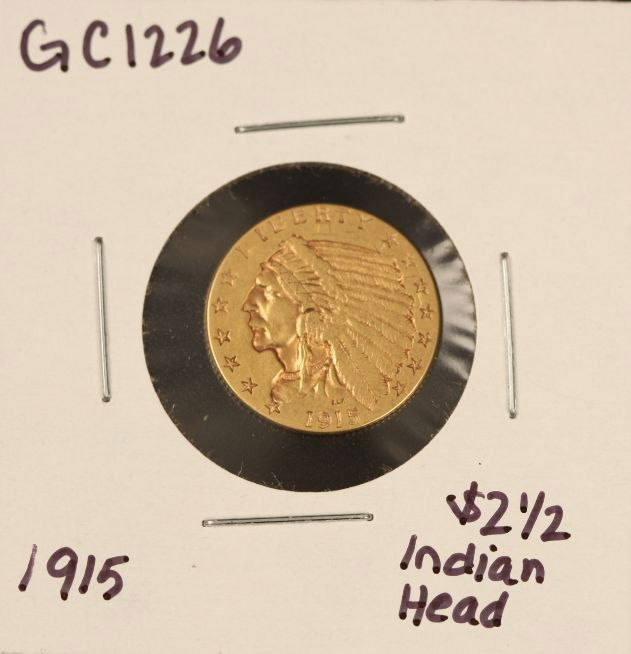 1915 $2 1/2 Indian Head Gold Coin GC1226: "1915 $2 1/2 Indian Head Gold Coin GC1226. As-Is Condition! ZX791UT. 1915 $2 1/2 Indian Head Gold Coin Thank you for viewing this lot. We are always adding new inventory and new auctions, so check bac