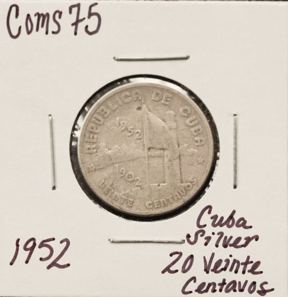 1952 Cuba Silver 20 Veinte Centavos Coin 5g (.16oz: "1952 Cuba Silver 20 Veinte Centavos Coin 5g (.16oz) COMS75. As-Is Condition! PB5TR. 1952 Cuba Silver 20 Veinte Centavos Coin Approx. 5g (.16oz). Thank you for viewing this lot. We are always adding n