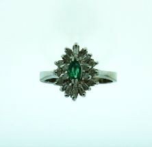 14KT White Gold Emerald & Diamond Ring A1925: "14KT White Gold Emerald & Diamond Ring A1925. Excellent Condition! One ladies polished, stamped and electronically tested solid 14KT white gold ring mounted with genuine emerald/beryl highlighted by 