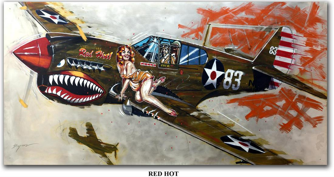Red Hot by Michael Bryan: Red Hot is the attitude this WWII fighter pilot took into battle with his pin-up girl on the fuselage. This is a 20x40" Unique 1/1 handworked giclee on canvas .