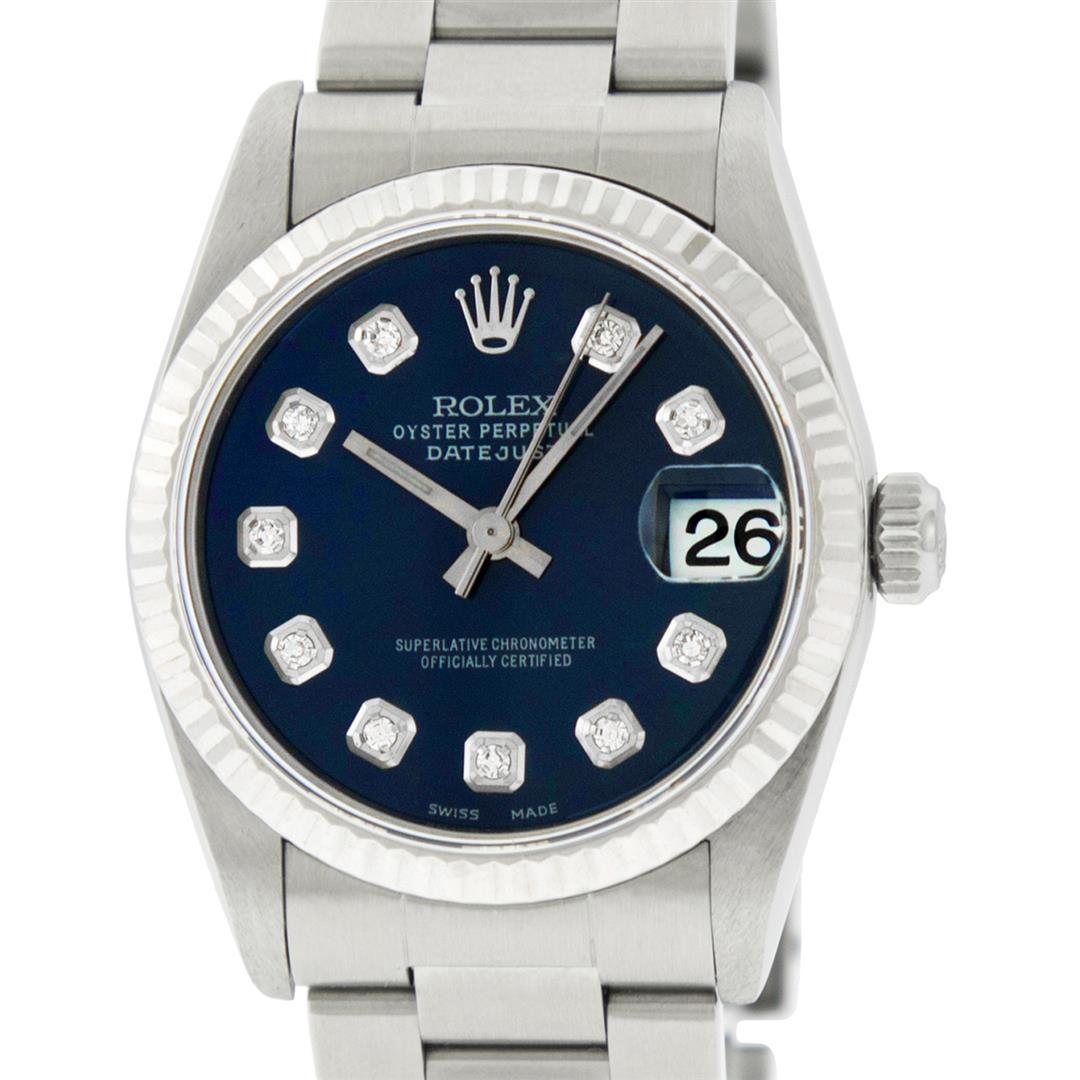 Rolex Womens Midsize 31mm 18K Gold Bezel Blue Diamond: One Womens Pre Owned Midsize Stainless Steel Rolex Datejust Polished, Serviced & Electronically Tested, Rolex Stainless Steel Case Case: 31mm, Rolex Stainless Steel Crown, Rolex Bezel: 18K White Gold