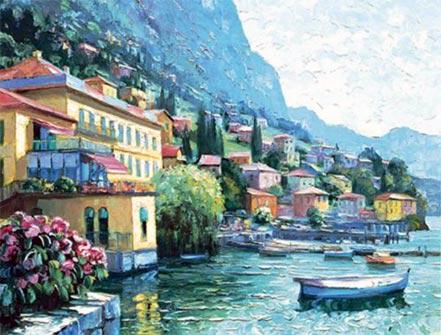 Il Lago Maggiore by Howard Behrens: A Lakeside setting in Italy, this is a limited edition, signed and numbered serigraph on paper by Howard Behrens, with COA. 26 x 32