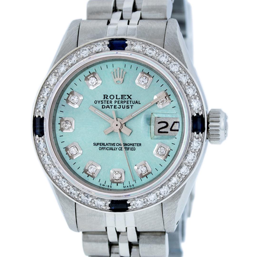 Rolex Ladies Stainless Steel Ice Blue Diamond &: One Ladies Stainless Steel Rolex Oyster Perpetual Datejust Polished Bright with Satin Finish, Serviced & Electronically Tested, Stainless Steel Case: 26mm, Stainless Steel Crown, Custom Bezel: New 18K