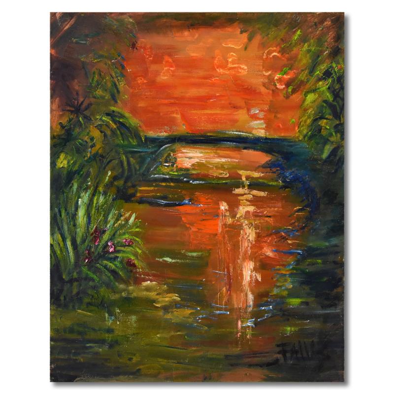 Zen Bridge by Fallas Original: "Zen Bridge" is an original oil painting on board by Elliot Fallas, hand signed by the artist. Includes Letter of Authenticity. Measures approx. 16" x 20" (image). The sides of the canvas are painted 