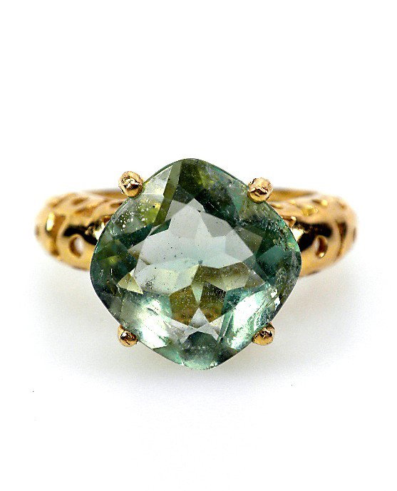 14KT Yellow Gold Fluorite Ring 4.59ct A1681: "14KT Yellow Gold Fluorite Ring 4.59ct A1681. Excellent Condition! One electronically tested 14KT yellow gold ladies cast fluorite solitaire ring with a bright polish finish. Trademark is THAILAND. Id