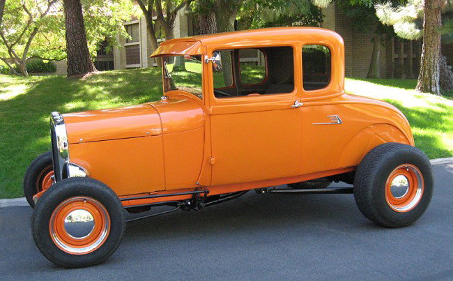 1929 Ford Highboy Coupe! Amazing Hotrod!: "1929 Ford Highboy Coupe Hotrod! This Hotrod has been customized and equipped with the following: A Real Steel Body that has been Un-Chopped & Un-Channeled, custom Vibrant Tangerine Paint with Gray Tw