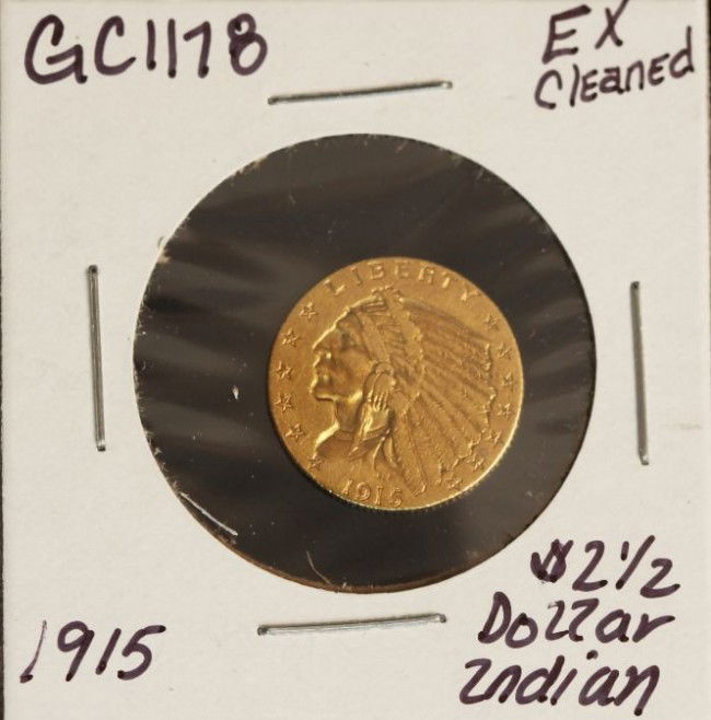 1915 EX $2 1/2 Indian Head Gold Coin GC1178: "1915 EX $2 1/2 Indian Head Gold Coin GC1178. As-Is Condition! SQ291FX. 1915 EX $2 1/2 Indian Head Gold Coin Thank you for viewing this lot. We are always adding new inventory and new auctions, so che