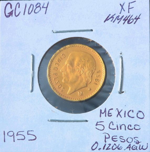 1955 Mexico 5 Cinco Pesos Gold Coin. XF KM464. GC1084: 1955 Mexico 5 Cinco Pesos Gold Coin. XF KM464. GC1084. As-Is Condition! KJ551AQ. 1955 Mexico 5 Cinco Pesos Gold Coin. XF KM464. 0.1206 AGW. - Thank you for viewing this lot. We are always adding new i