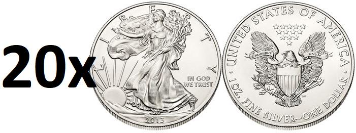 (20 COUNT) 2013 American Silver Eagle .999 Fine Silver: One (20 COUNT) 2013 American Silver Eagle .999 Fine Silver Dollar Coins.