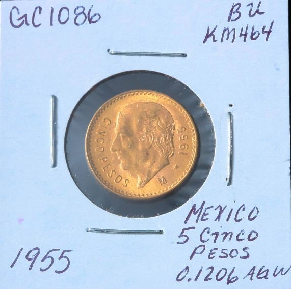 1955 Mexico 5 Cinco Pesos Gold Coin. BU KM464. GC1086: "1955 Mexico 5 Cinco Pesos Gold Coin. BU KM464. GC1086. As-Is Condition! JP551QA. 1955 Mexico 5 Cinco Pesos Gold Coin. BU KM464. 0.1206 AGW. - Thank you for viewing this lot. We are always adding new 