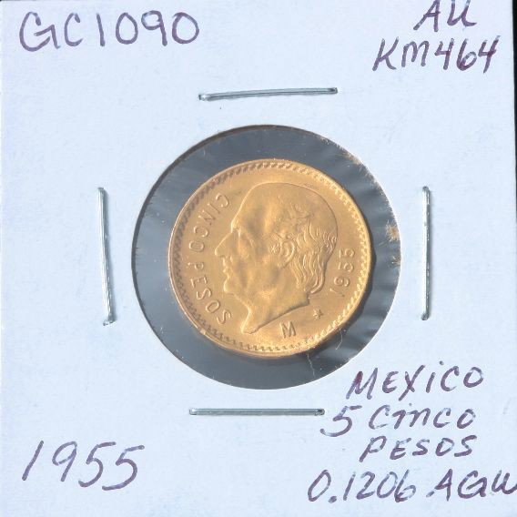 1955 Mexico 5 Cinco Pesos Gold Coin. AU KM464. GC1090: 1955 Mexico 5 Cinco Pesos Gold Coin. AU KM464. GC1090. As-Is Condition! GF551ML. 1955 Mexico 5 Cinco Pesos Gold Coin. AU KM464. 0.1206 AGW. - Thank you for viewing this lot. We are always adding new i