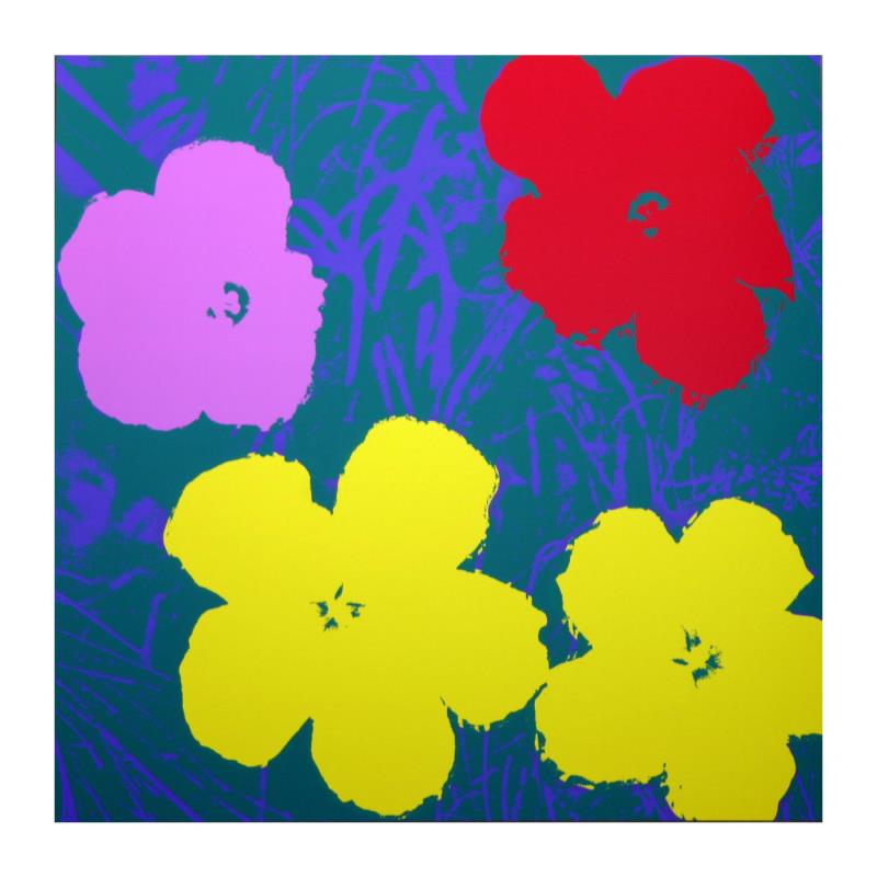 Flowers 11.65 by Warhol, Andy: "Flowers 11.65" is a silk screen print on paper (open edition) from Sunday B Morning featuring the works of Andy Warhol. The piece is stamped in blue on the back with "Published by Sunday B. Morning" 