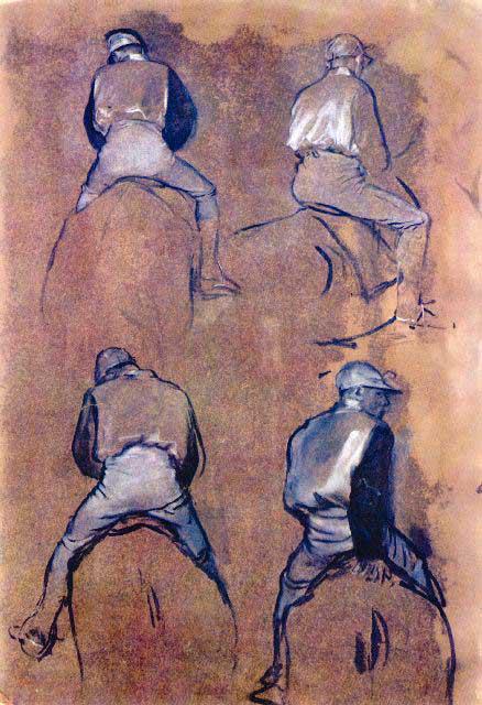 Edgar Degas - Four Studies Of Jockeys: Artist: Degas - Title: Four Studies Of Jockeys - Medium: Fine Art Reproduction Giclee on Archival Canvas - Image Size: Approximately 20 inches x 13.75 inches - Framed: Unframed on Unstretched Canvas -