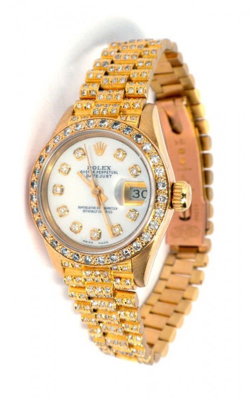 Ladies 18KT Gold Rolex Diamond DateJust Wristwatch A227: Ladies 18KT Gold Rolex Diamond DateJust Wristwatch A2272. Good Condition. TG1095PT. One ladies, hand crafted & machine milled Rolex DateJust model the Lady President wristwatch electronically tested 1