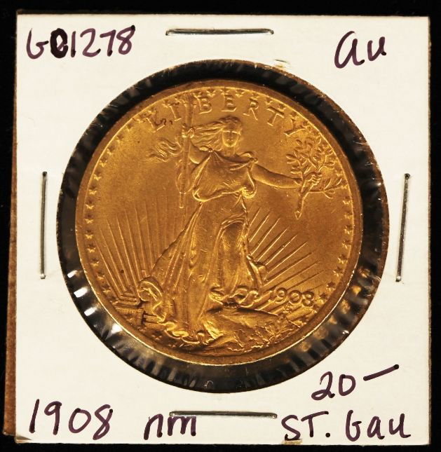 1908 St. Gauden's $20 Gold Coin AU GC1278: "1908 St. Gauden's $20 Gold Coin AU GC1278. TR5141PL. This coin is approximately 1oz of Gold in weight and is in As-Is Condition. Thank you for viewing this lot. We are always adding new inventory and