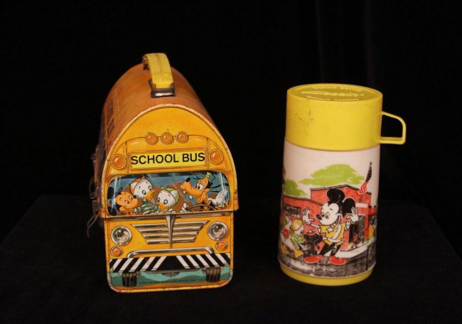 Vintage Walt Disney School Bus Lunchbox & Thermos ED744: "Vintage Walt Disney School Bus Lunchbox & Thermos ED744. Excellent Vintage Condition!. BF411HR. Vintage 1960's Disney School Bus domed topv metal lunch box! Valued at $500.00. Very collectible & rare