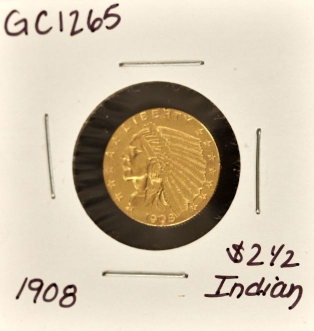 1908 $2 1/2 Indian Head Gold Coin GC1265: "1908 $2 1/2 Indian Head Gold Coin GC1265. As-Is Condition! XA502TR. 1908 $2 1/2 Indian Head Gold Coin. Thank you for viewing this lot. We are always adding new inventory and new auctions, so check ba