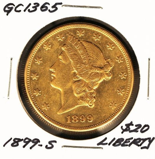 1899-S $20 Liberty Head Double Eagle Gold Coin GC1365: "1899-S $20 Liberty Head Double Eagle Gold Coin GC1365. As-Is Condition. JK6141FO. 1899-S $20 Liberty Head Double Eagle Gold Coin. Thank you for viewing this lot. We are always adding new inventory an