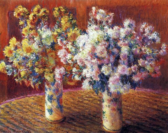 Claude Monet - Two Vases with Chrysanthemums: Artist: Claude Monet - Title: Two Vases with Chrysanthemums - Medium: Fine Art Reproduction Giclee on Canvas - Image Size: Approximately 16 inches x 20 inches - Unframed on Unstretched Canvas - Biogra
