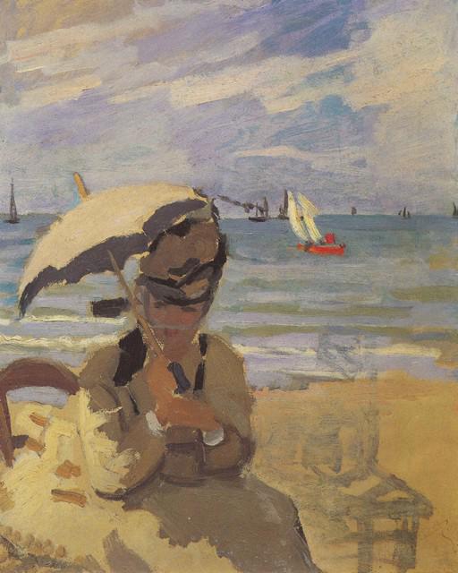 Claude Monet - Camille Monet on the Beach at Trouville: Artist: Claude Monet - Title: Camille Monet on the Beach at Trouville - Medium: Fine Art Reproduction Giclee on Canvas - Image Size: Approximately 32 inches x 25.25 inches - Unframed on Unstretched Ca