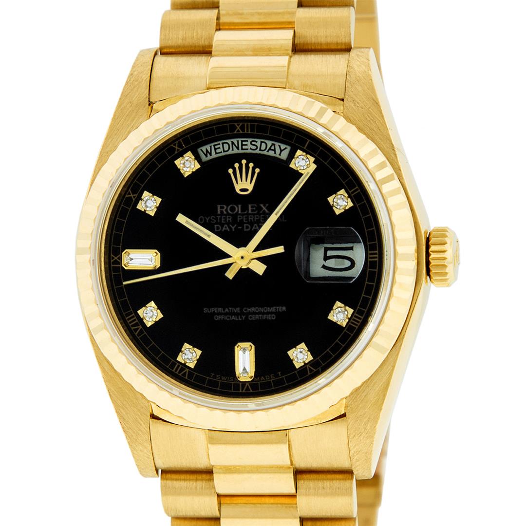 Rolex Mens 18K Yellow Gold Black Diamond Quickset: One Mens Quickset Rolex Day Date 18K Yellow Gold President Polished, Serviced & Electronically Tested, 18K Yellow Gold Case: 36mm, 18K Yellow Gold Crown, Bezel: 18K Yellow Gold Fluted Bezel. Custom Cr