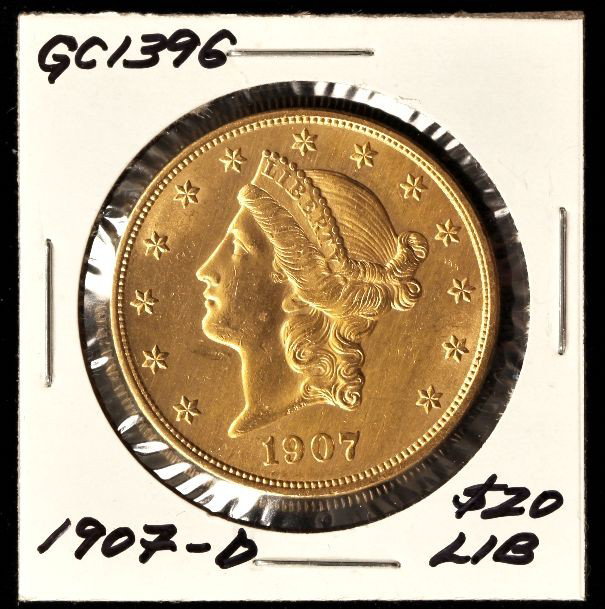 1907-D $20 Liberty Head Double Eagle Gold Coin GC1396: "1907-D $20 Liberty Head Double Eagle Gold Coin GC1396. As-Is Condition! VQ1141EC. 1907-D $20 Liberty Head Double Eagle Gold Coin. Thank you for viewing this lot. We are always adding new inventory an