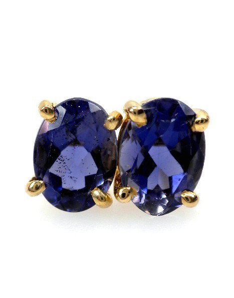 14KT Yellow Gold & Iolite Solitaire Earrings A2123: "14KT Yellow Gold & Iolite Solitaire Earrings A2123. Excellent Condition!. One pair electronically tested 14KT yellow gold cast & assembled iolite solitaire earrings with standard backs. Condition is