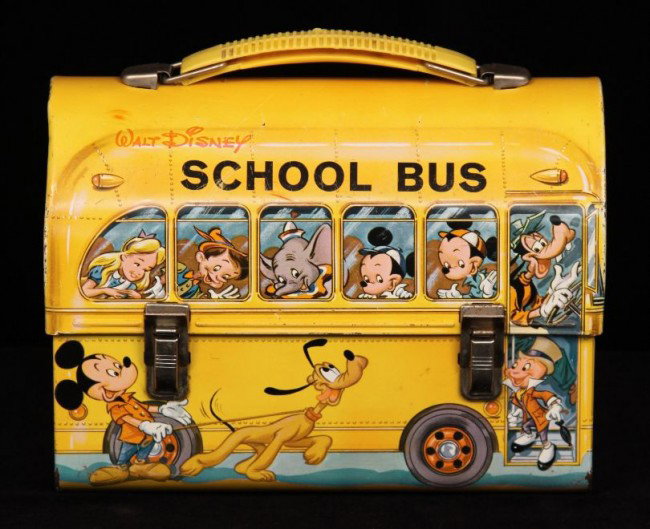 Vintage 1960's DISNEY School Bus Metal Lunchbox & Therm: "Vintage 1960's DISNEY School Bus Metal Lunchbox & Thermos ED849. Excellent Vintage Condition! VR701QB. Nice vintage 1960's Disney School Bus metal lunchbox & thermos. Dome top and made by "Aladdin". 