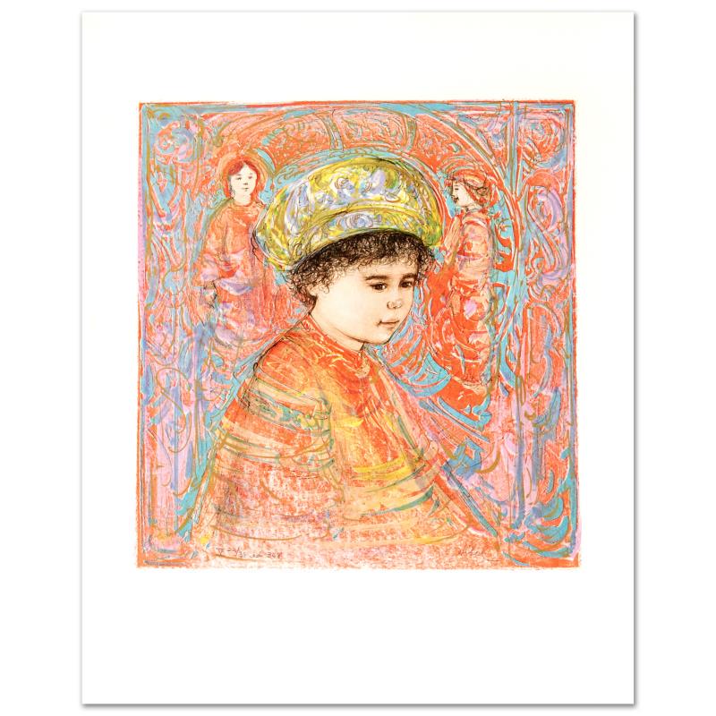 Boy with Turban by Hibel (1917-2014): "Boy with Turban" is a limited edition lithograph on paper, numbered and hand signed by Edna Hibel (1917-2014). Includes Certificate of Authenticity! Measures approx. 18" x 22" (with border), 14" x 15