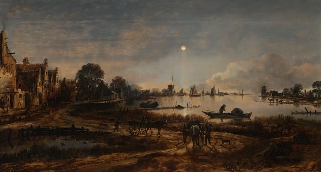 Aert van der Neer - River View by Moonlight: Artist: Aert van der Neer - Title: River View by Moonlight - Medium: Fine Art Reproduction Giclee on Canvas - Image Size: Approximately 10.75 inches x 20 inches - Unframed on Unstretched Canvas - Biog