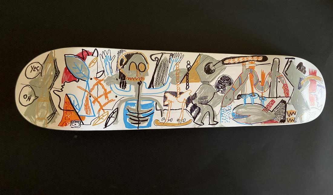 Handpainted skateboard "Mortality" by Gino Perez: Mortality by Gino Perez. "Mortality" is a wood Sugar Skate Co deck, with hand painted original artwork by Gino Perez, and hand signed. Measures approximately 31.5" x 7.75". Year: 2019. Never mounted o