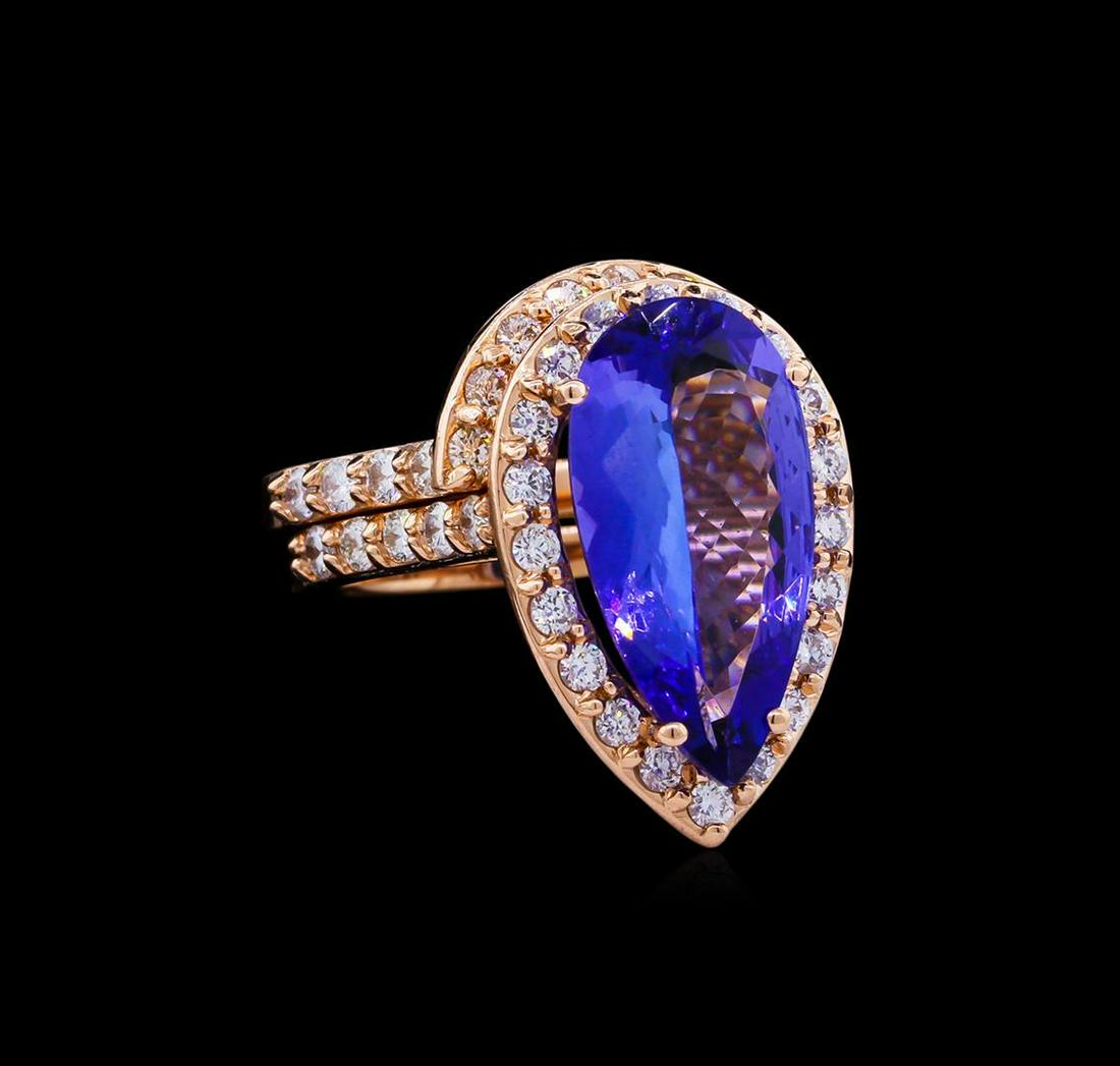 5.53 ctw Tanzanite and Diamond Ring Set - 14KT Rose Gold: One set electronically tested 14KT rose gold lady's cast fashion rings with a halo with a bright polish finish. The featured lady's ring set has a double shank measuring 4.56 millimeters wide. Conditi