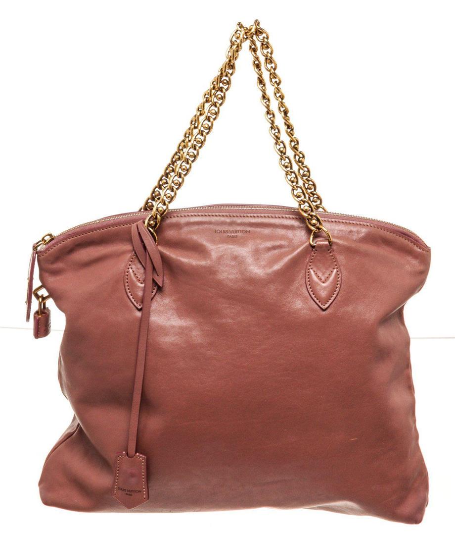 Louis Vuitton Brown Leather Tote Bag: Louis Vuitton Brown Leather Tote Bag with leather, gold-tone hardware, trim leather, interior zip pockets, chain shoulder strap and zipper closure.