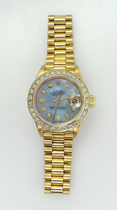 Ladies 18KT Gold Rolex Diamond DateJust Wristwatch 0.64: "Ladies 18KT Gold Rolex Diamond DateJust Wristwatch 0.64ct A2551. Excellent Condition! KS1544GS. One ladies hand crafted & machine milled Rolex DateJust model the Lady President wristwatch electronica