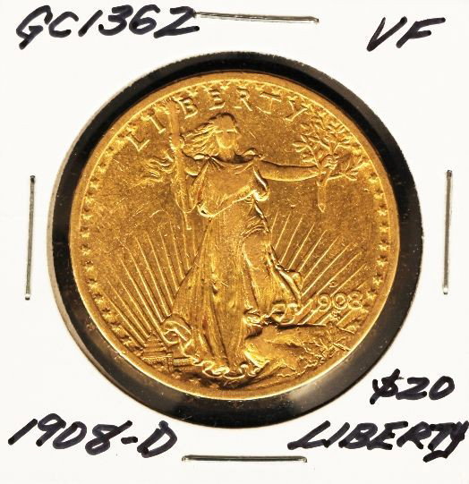 1908-D $20 VF Liberty Head Double Eagle Gold Coin GC136: "1908-D $20 VF Liberty Head Double Eagle Gold Coin GC1362. As-Is Condition. DR6141SB. 1908-D $20 VF Liberty Head Double Eagle Gold Coin. Thank you for viewing this lot. We are always adding new invent