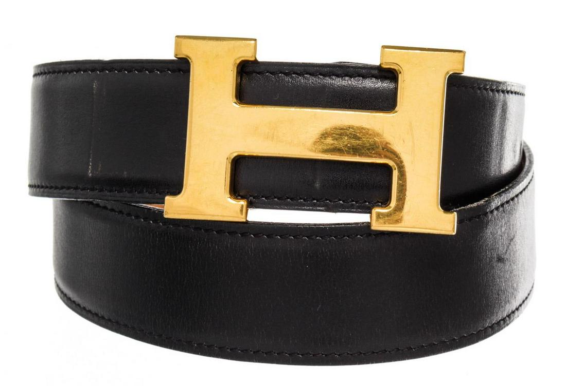 Hermes Black Leather Constance Belt: Hermes Black Leather Constance Belt with leather, gold-tone hardware and push lock closure.
