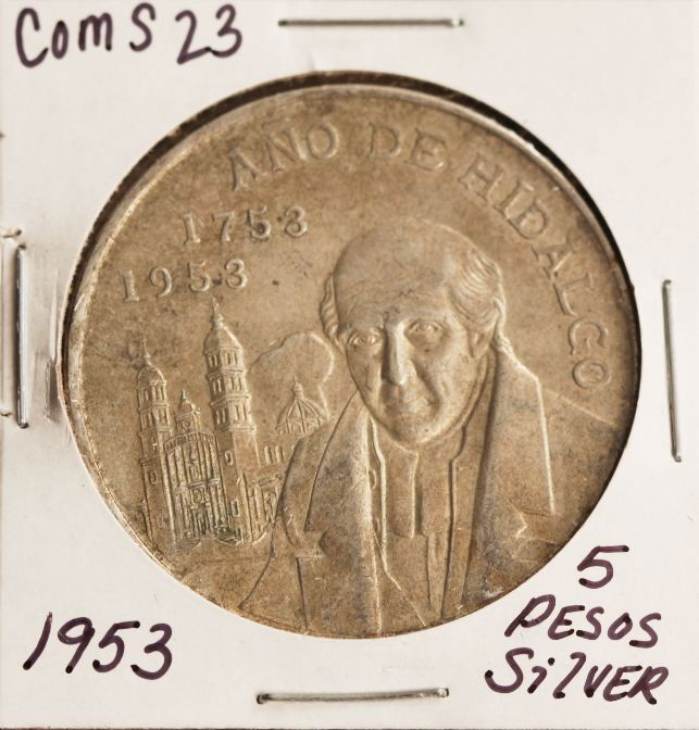 1953 Ano de Hidalgo Cinco Pesos Silver Coin COMS23: 1953 Ano de Hidalgo Cinco Pesos Silver Coin COMS23. As-Is Condition! FR81SW. 1953 Ano de Hidalgo Cinco Pesos Silver Coin. 27.8 grams of Silver. Thank you for viewing this lot. We are always adding new