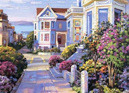 Grove Street, San Francisco by Howard Behrens: Part of a Suite of 4, this is a limited edition, signed and numbered serigraph on paper by Howard Behrens, with COA. 16 x 21.5