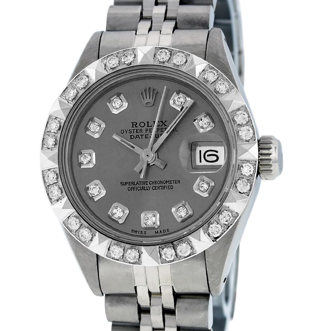 Rolex Ladies Stainless Steel Slate Grey Pyramid Diamond Datejust Wristwatch: One Ladies Stainless Steel Rolex Datejust Polished Bright with Satin Finish, Serviced & Electronically Tested, Stainless Steel Case: 26mm, Stainless Steel Crown, Custom Bezel: New 18K White Gold Pyram