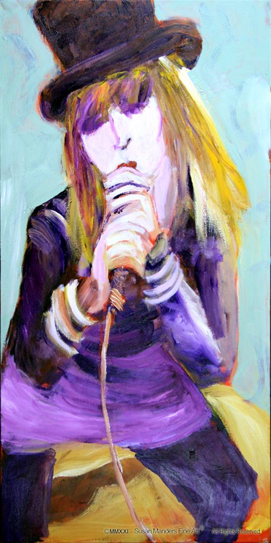 Susan Manders "I Love Rock-n-Roll": The ladies can Rock n Roll too, in Susan Manders "I Love Rock-n-Roll" is a 24 x 48" original oil on canvas. Manders works are represented in fine collections internationally & archived by the National