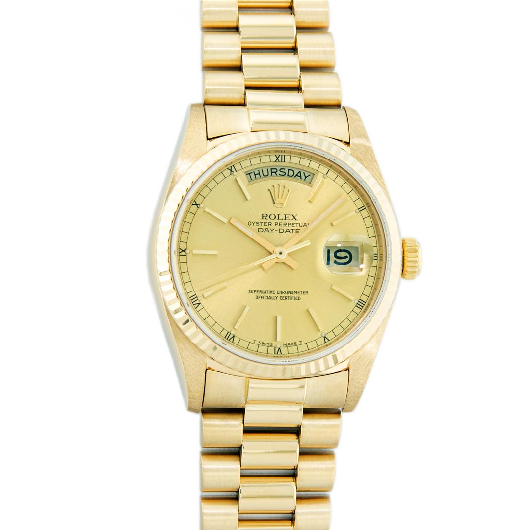 Rolex Mens 18K Yellow Gold Champagne Index Quickset President Wristwatch: One Mens Pre Owned Quickset Rolex Day Date 18K Yellow Gold President Polished, Serviced & Electronically Tested, Rolex 18K Yellow Gold Case: 36mm, Rolex 18K Yellow Gold Crown, Rolex Bezel: 18K Yellow
