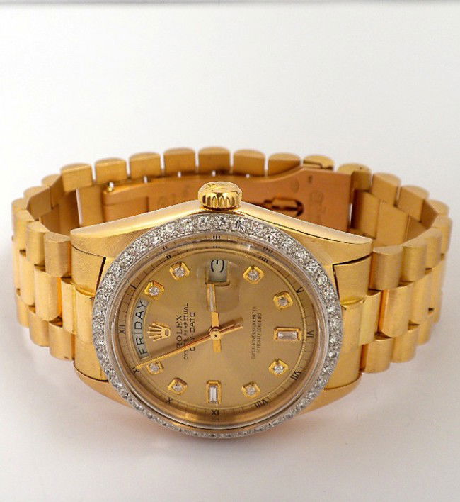 Gents Rolex 18KT Gold DayDate Wristwatch 1.34ct A2004: "Gents Rolex 18KT Gold DayDate Wristwatch 1.34ct A2004. Excellent Condition! BR1085RX. One gents, hand crafted & machine milled Rolex DayDate Model The President wristwatch electronically tested 18KT