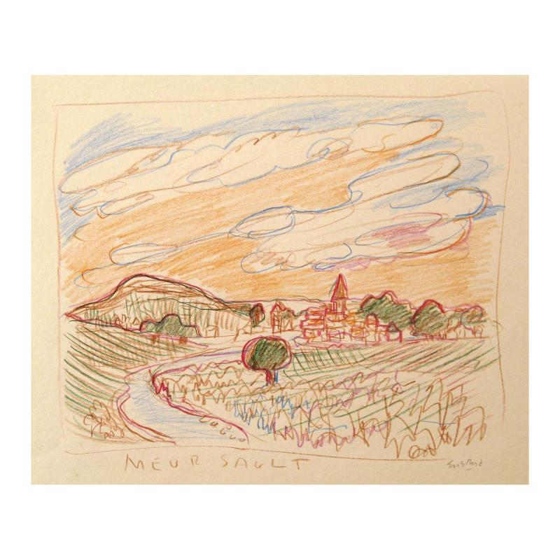 View of Meursault, Burgundy by Ensrud Original: "View of Meursault, Burgundy" is an original Pencil on Paper by Wayne Ensrud. The piece is hand signed by the artist and comes with a Certificate of Authenticity. Measures approximately 15" x 18".